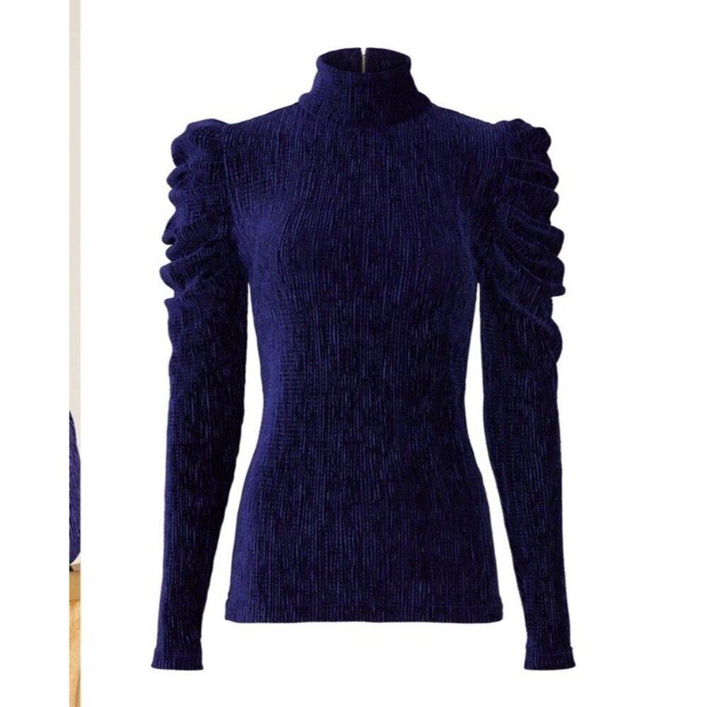 PatBO Blue Velvet Ruched Turtleneck Top Women’s Size L Long Sleeve Luxe Blouse